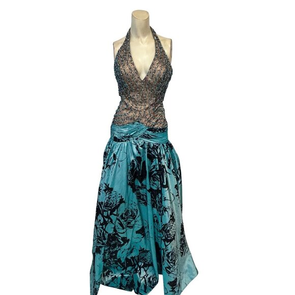 Tony Bowls Blue Halter Beaded Bodice Satin Skirt Evening Gown Formal Dress NWT - Picture 1 of 9
